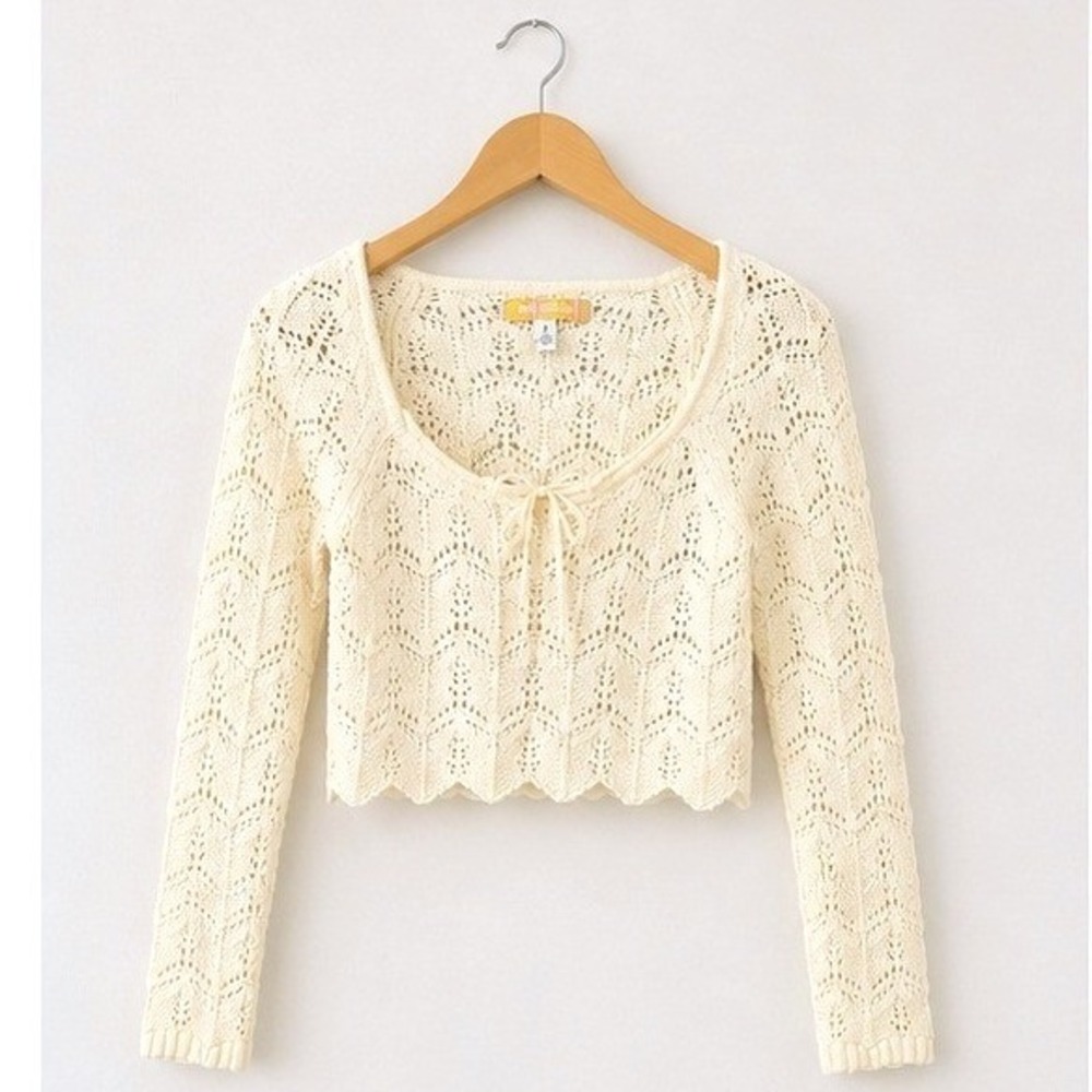 Urban Outfitters Ivory Pointelle Knit Crop Top Long Sleeve Bow SP